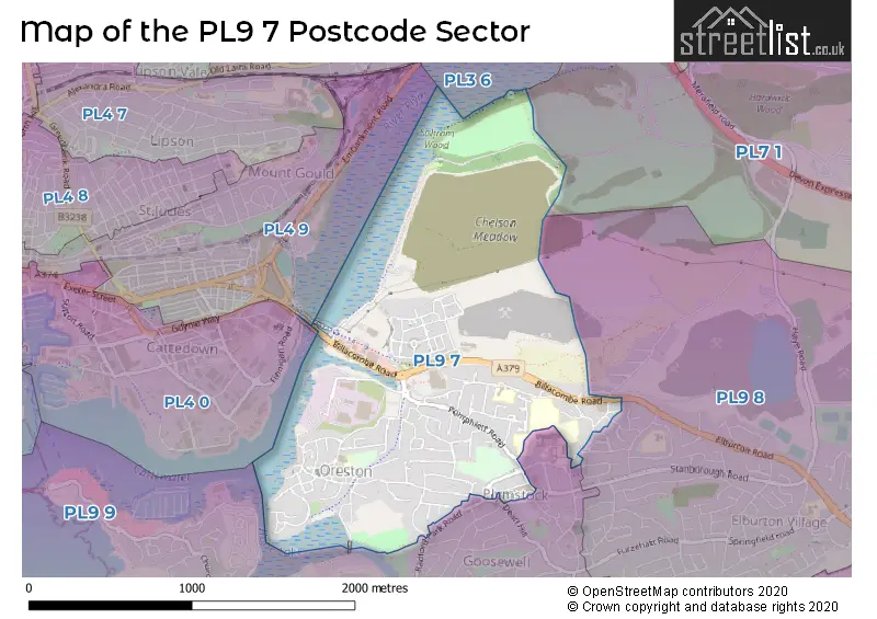 Map of the PL9 7 and surrounding postcode sector