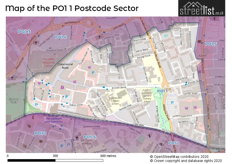 Map of the PO1 1 and surrounding postcode sector