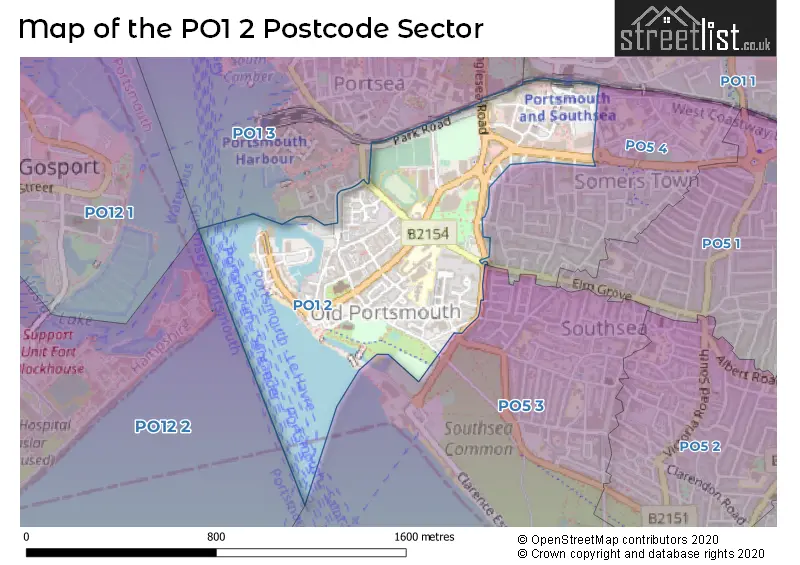 Map of the PO1 2 and surrounding postcode sector