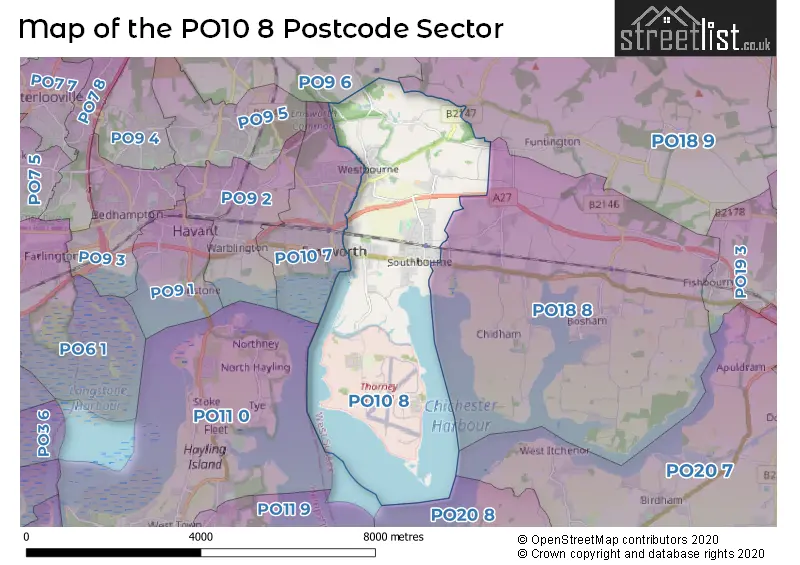 Map of the PO10 8 and surrounding postcode sector