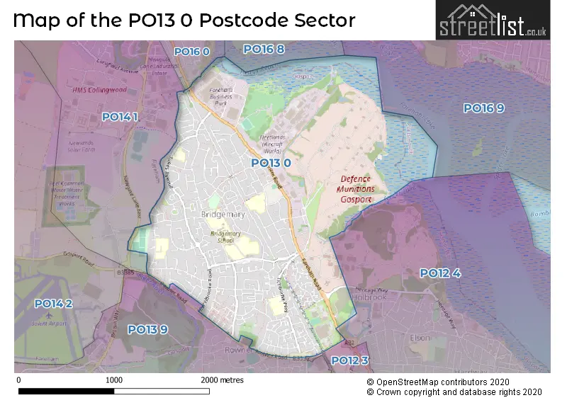 Map of the PO13 0 and surrounding postcode sector