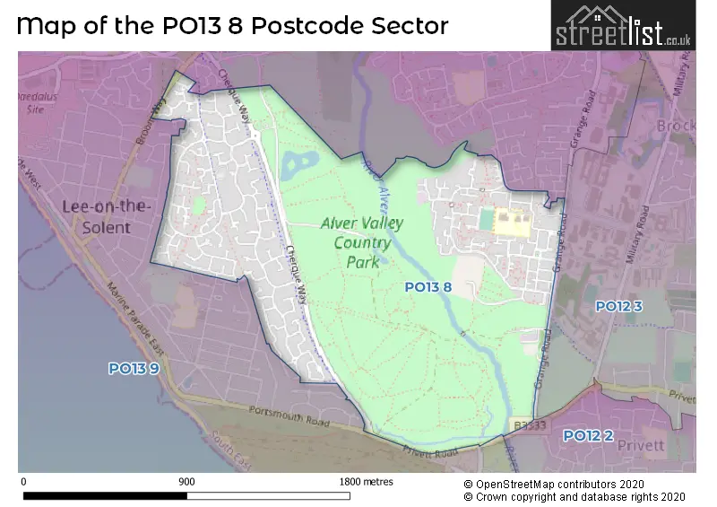 Map of the PO13 8 and surrounding postcode sector