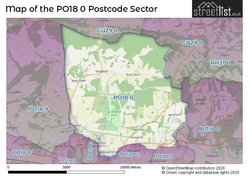Map of the PO18 0 and surrounding postcode sector