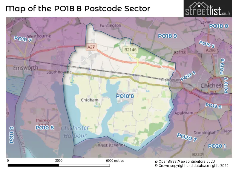 Map of the PO18 8 and surrounding postcode sector