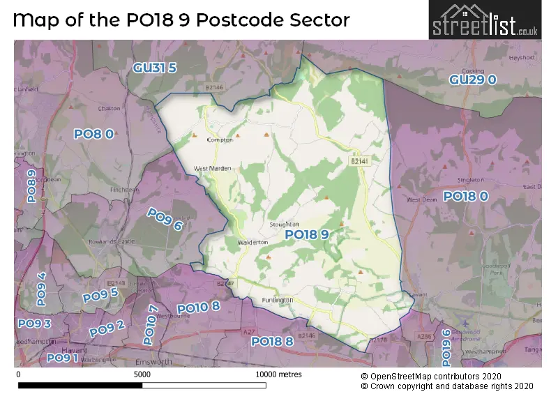 Map of the PO18 9 and surrounding postcode sector
