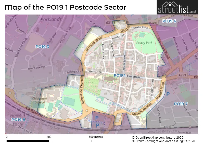 Map of the PO19 1 and surrounding postcode sector