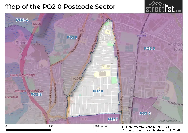 Map of the PO2 0 and surrounding postcode sector
