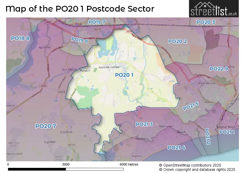 Map of the PO20 1 and surrounding postcode sector