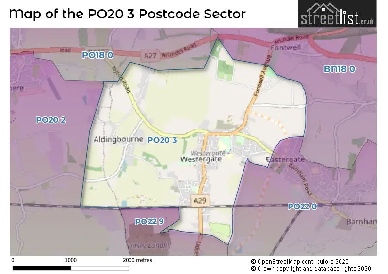Map of the PO20 3 and surrounding postcode sector