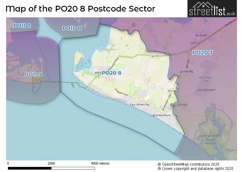 Map of the PO20 8 and surrounding postcode sector