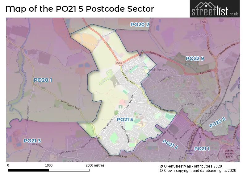 Map of the PO21 5 and surrounding postcode sector