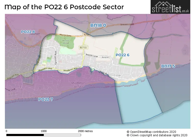 Map of the PO22 6 and surrounding postcode sector