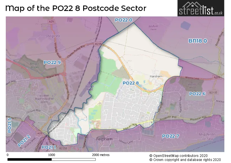Map of the PO22 8 and surrounding postcode sector