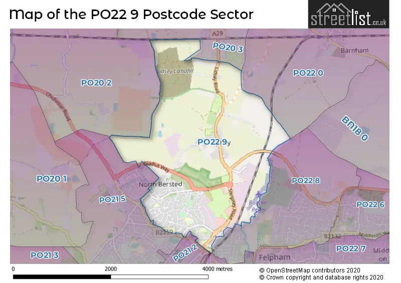 Map of the PO22 9 and surrounding postcode sector
