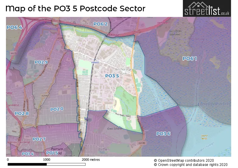 Map of the PO3 5 and surrounding postcode sector