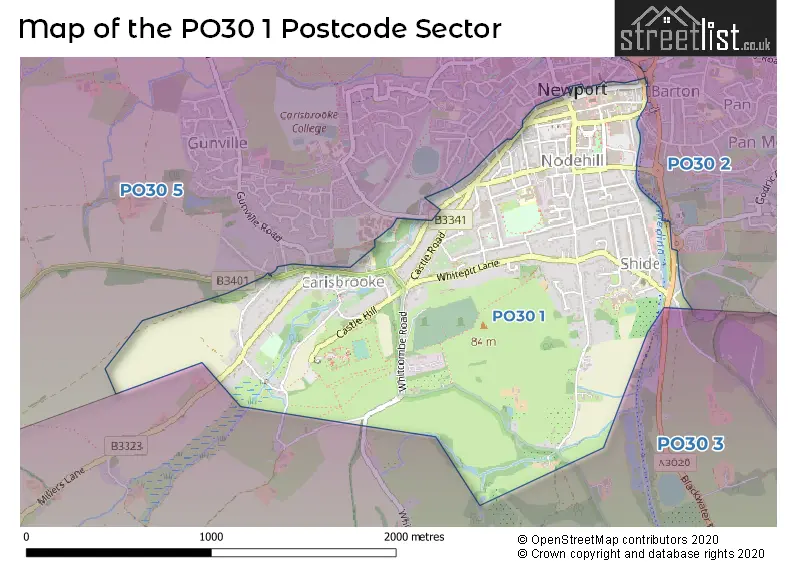 Map of the PO30 1 and surrounding postcode sector