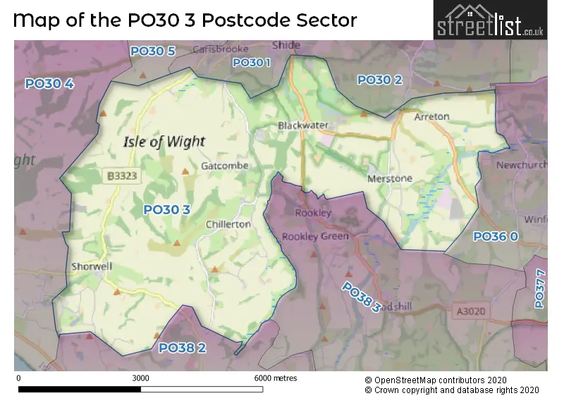 Map of the PO30 3 and surrounding postcode sector