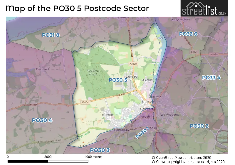 Map of the PO30 5 and surrounding postcode sector