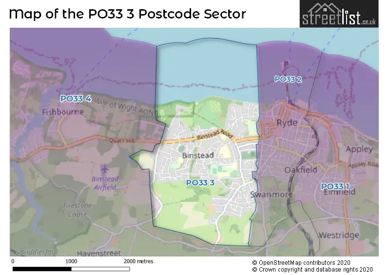 Map of the PO33 3 and surrounding postcode sector
