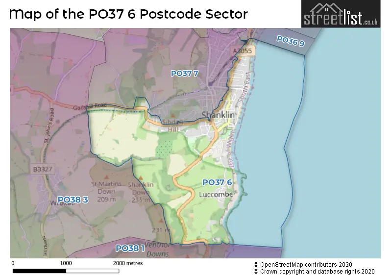Map of the PO37 6 and surrounding postcode sector