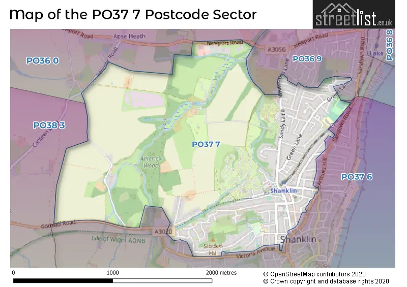 Map of the PO37 7 and surrounding postcode sector