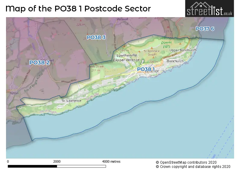 Map of the PO38 1 and surrounding postcode sector