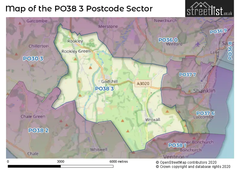 Map of the PO38 3 and surrounding postcode sector
