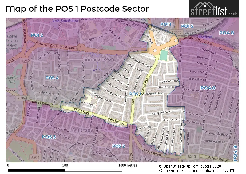 Map of the PO5 1 and surrounding postcode sector