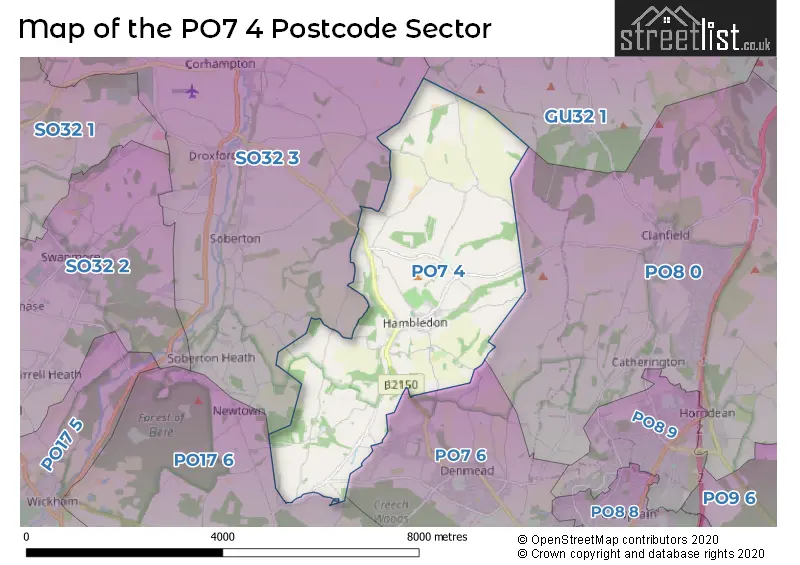 Map of the PO7 4 and surrounding postcode sector