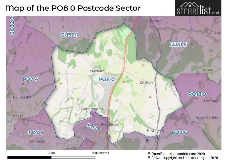 Map of the PO8 0 and surrounding postcode sector