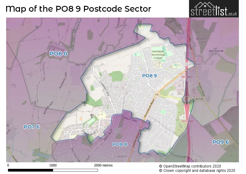 Map of the PO8 9 and surrounding postcode sector