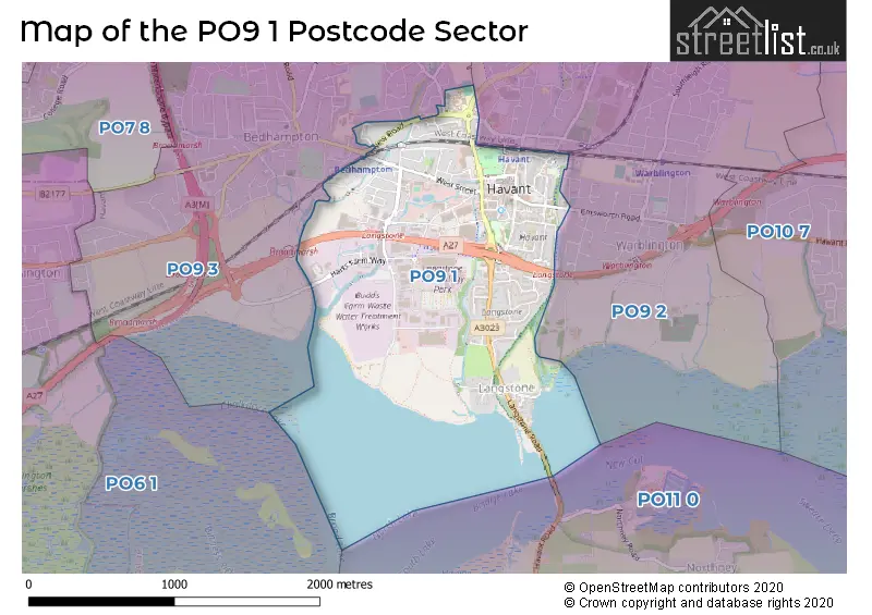 Map of the PO9 1 and surrounding postcode sector