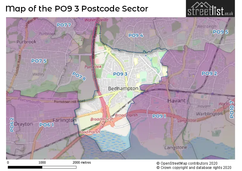 Map of the PO9 3 and surrounding postcode sector