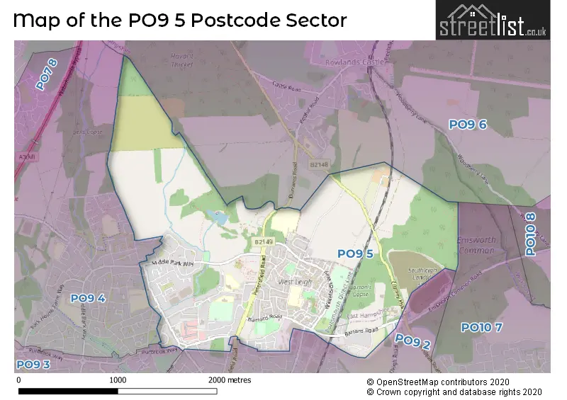 Map of the PO9 5 and surrounding postcode sector