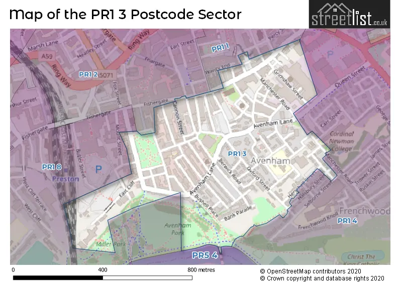 Map of the PR1 3 and surrounding postcode sector