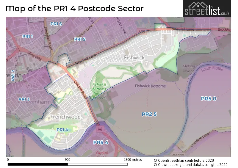 Map of the PR1 4 and surrounding postcode sector