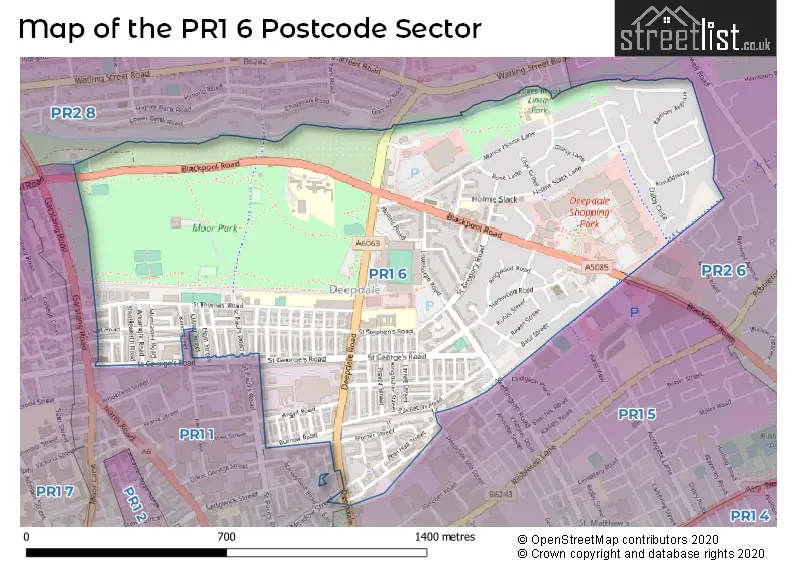 Map of the PR1 6 and surrounding postcode sector
