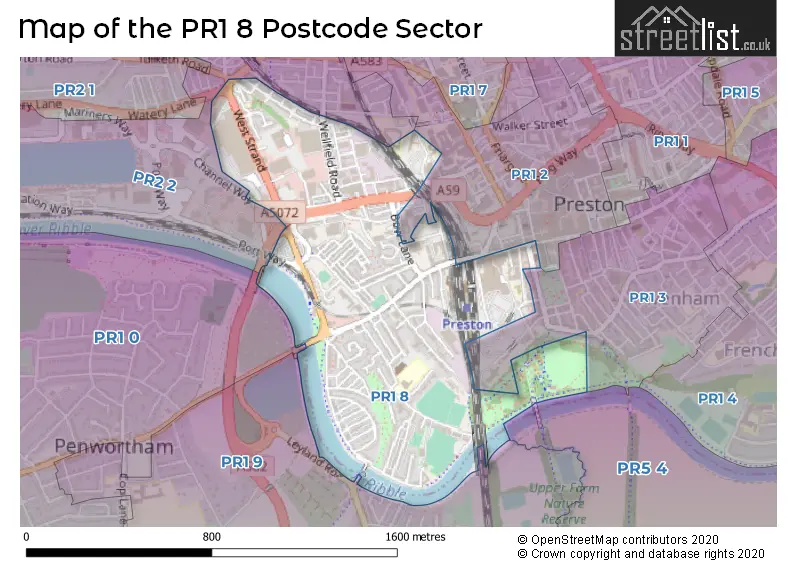 Map of the PR1 8 and surrounding postcode sector