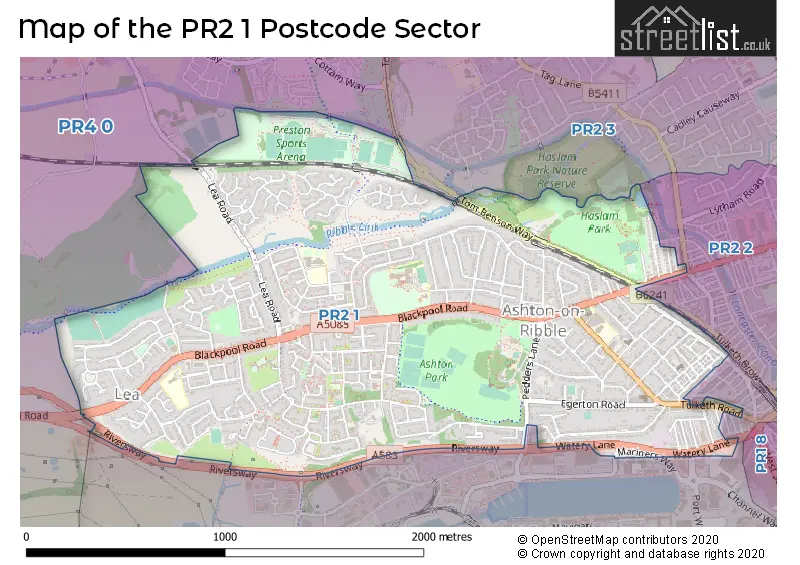 Map of the PR2 1 and surrounding postcode sector