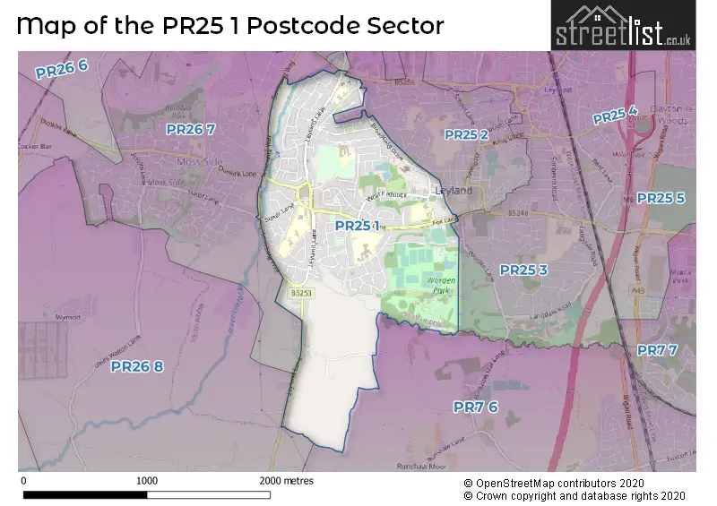 Map of the PR25 1 and surrounding postcode sector