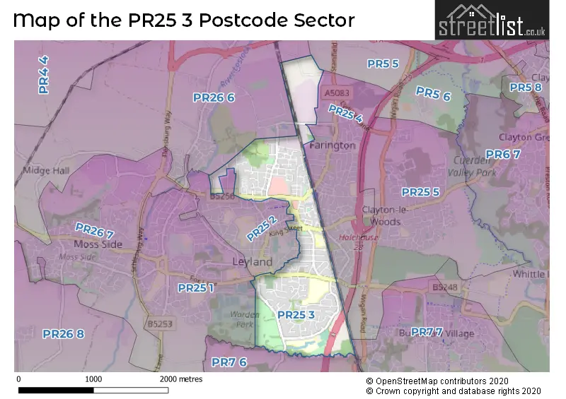 Map of the PR25 3 and surrounding postcode sector