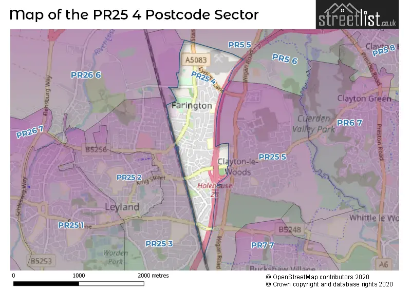 Map of the PR25 4 and surrounding postcode sector
