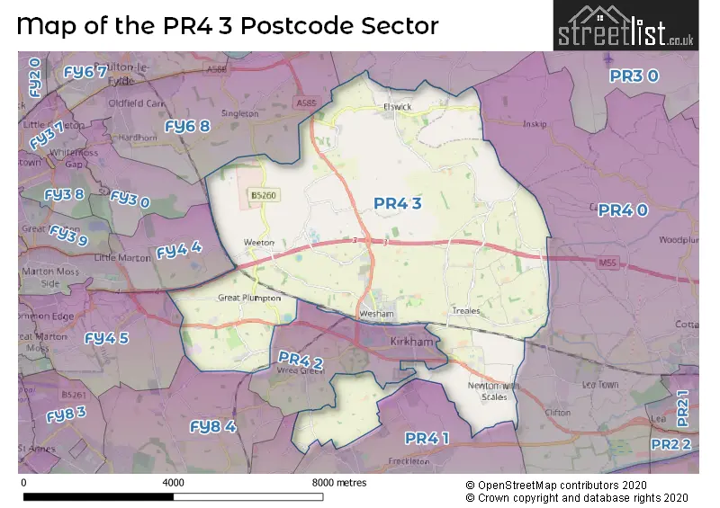 Map of the PR4 3 and surrounding postcode sector