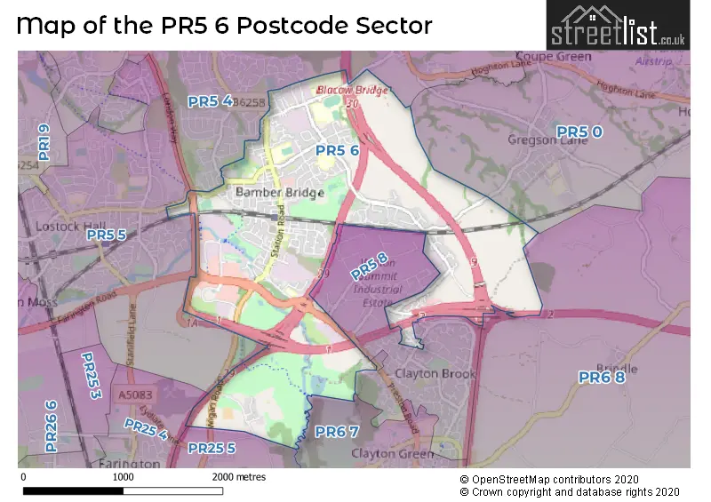 Map of the PR5 6 and surrounding postcode sector