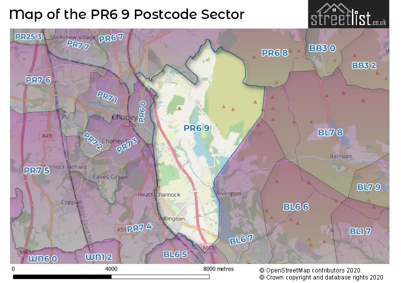 Map of the PR6 9 and surrounding postcode sector