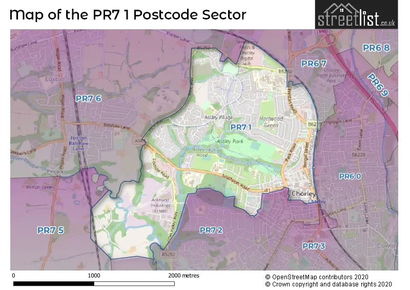 Map of the PR7 1 and surrounding postcode sector