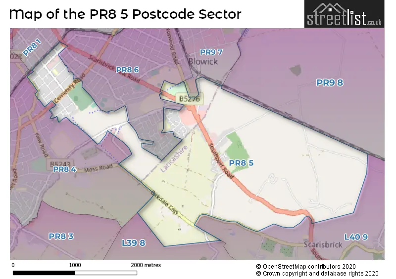 Map of the PR8 5 and surrounding postcode sector