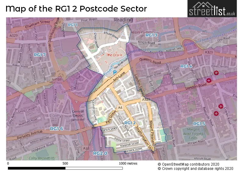 Map of the RG1 2 and surrounding postcode sector