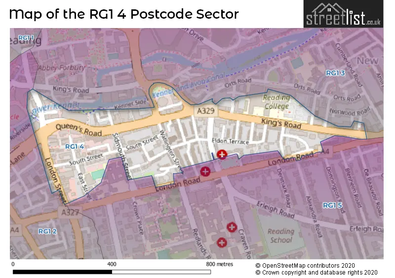 Map of the RG1 4 and surrounding postcode sector