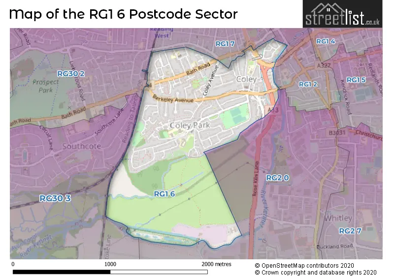 Map of the RG1 6 and surrounding postcode sector